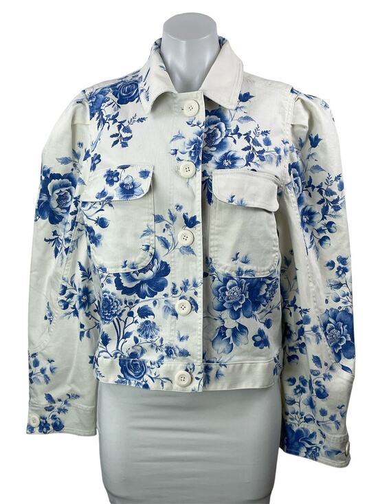 Anthropologie Jackets & Blazers - NEW Anthropologie Maeve White Blue Floral Long Sleeve Denim Jean Jacket Size M